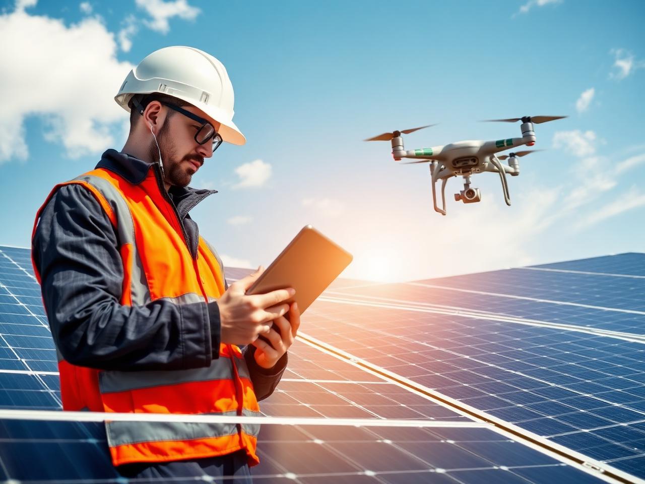 Engineer inspecting solar plant with drone