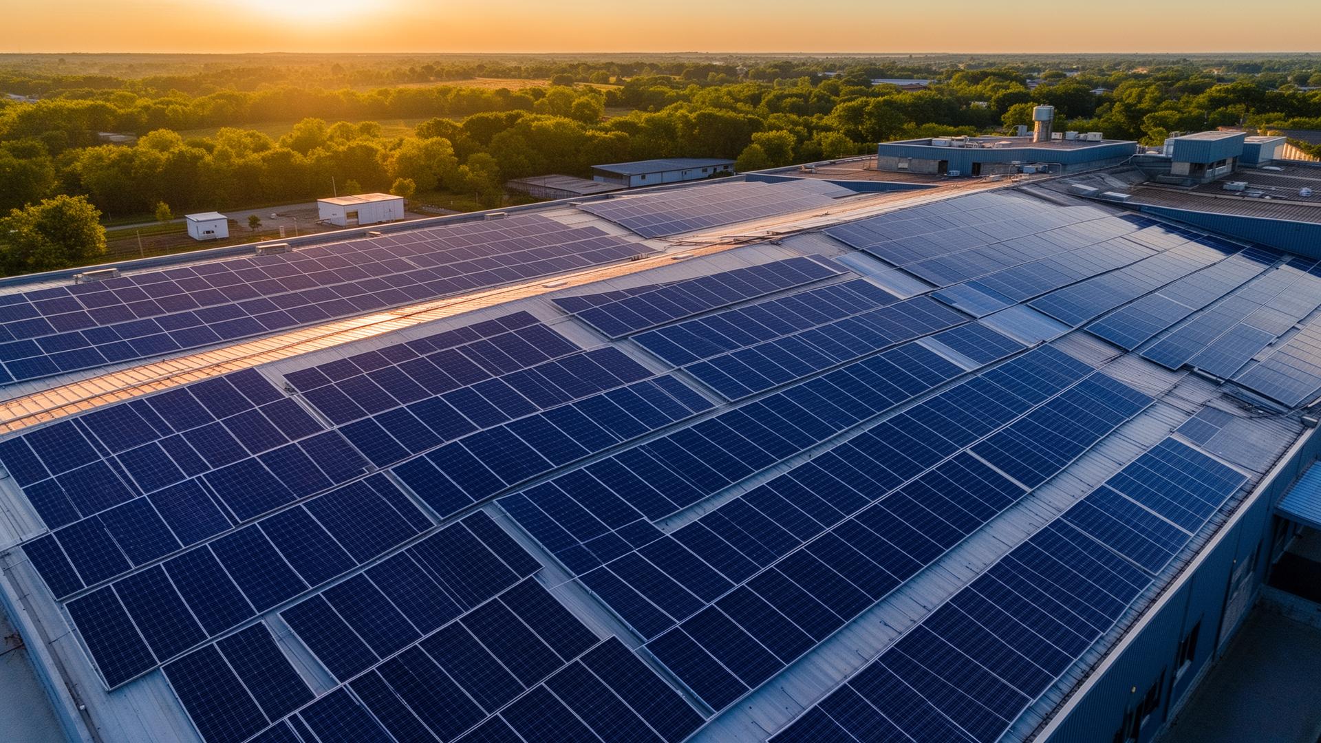 Solar panels on industrial rooftop at golden hour